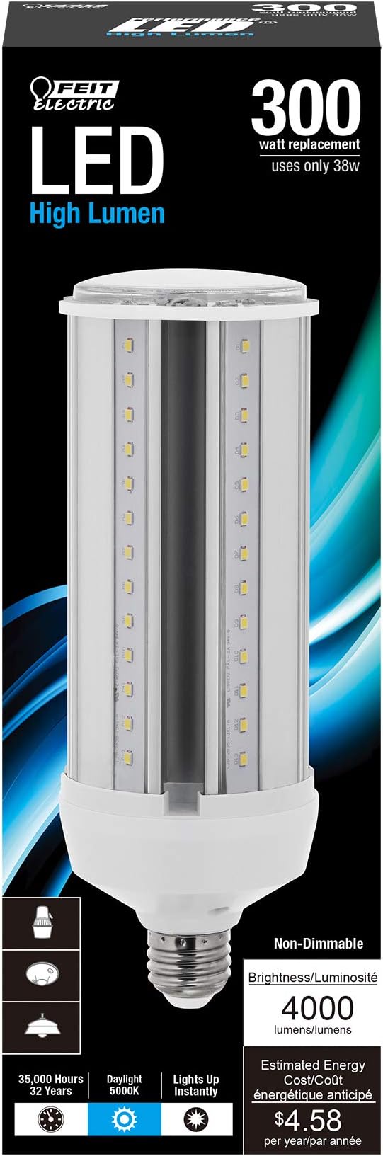 Feit Electric C4000/5K/LEDG2 300W Equivalent Mini Corn Bulb, Corn Cob High Output LED Light Bulb, E26 Base, 5000K Daylight, 3” x 3” x 7”