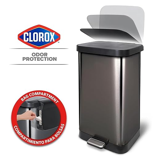 Glad 20 Gallon / 75.5 Liter Extra Capacity Stainless Steel Step Trash Can with CloroxTM Odor Protection, Pewter