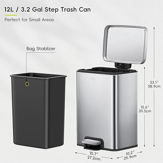 EKO Madison 12L / 3.2 Gal Bathroom Trash Can with Lid and Removable Inner Basket, Rectangular Small Step Trash Can, Brushed Stainless Steel