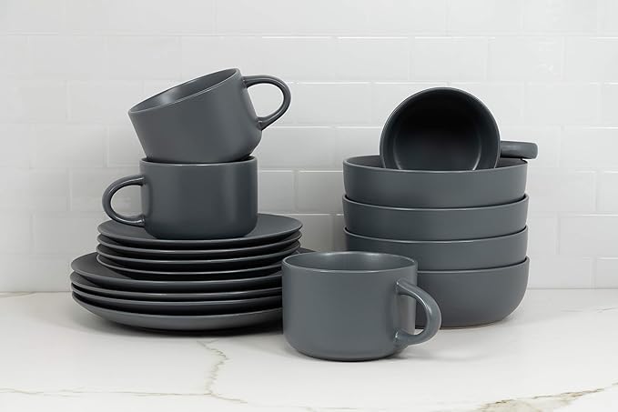 10 Strawberry Street Wazee Matte Coupe Dinnerware Set, 16 pc, Charcoal Gray
