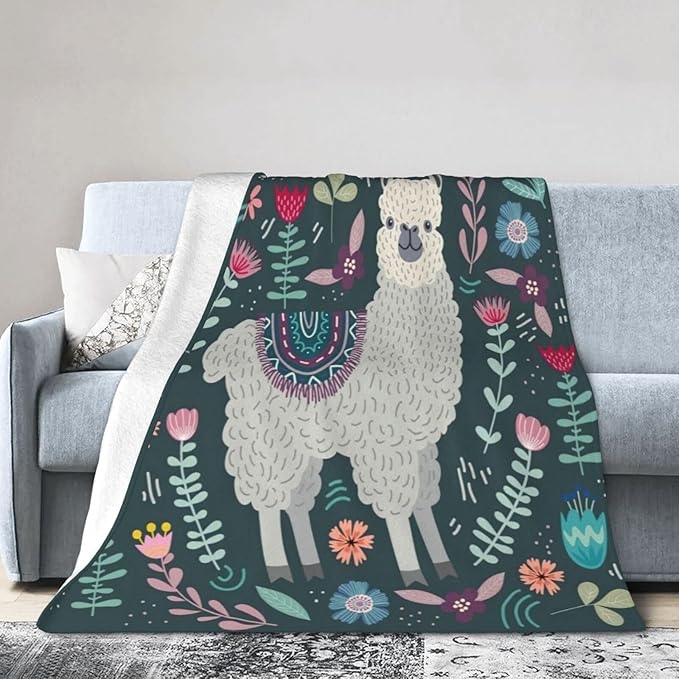 Alpaca Blanket Botanical Flower Throw Blanket Cozy Plush Boho Bohemia Llama Fleece Flannel Ultra Soft Blankets Lightweight Fuzzy Party Gifts for Adult Bed Couch Sofa Kids 50"X40"