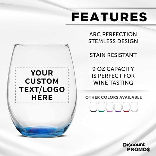 DISCOUNT PROMOS Custom Stemless Wine Glass 9 oz. Set of 10/50/100, Personalized Bulk Pack - Great for Wedding Favors, Bachelorette Party Decorations, Party Favors - Blue