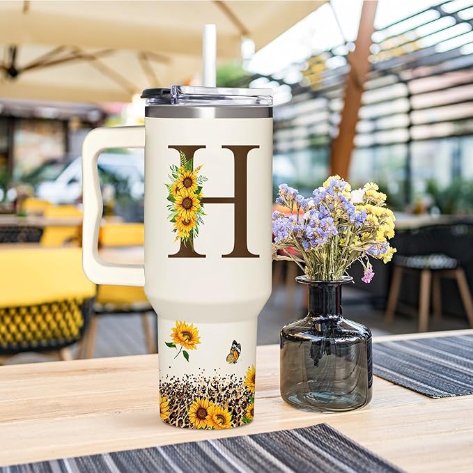 Personalized Birthday Gifts For Women - Sunflowers Monogrammed Cup For Boss Day, Christmas - Customized Gifts For Women, Mom, Wife, Coworkers, Boss Lady, Her - Custom Tumbler With Handle 40oz