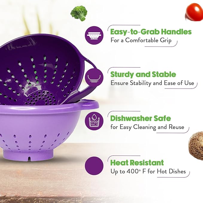 Crisp 2-Piece Mini Colander Berry Baskets With Handles - Food Strainers For Kitchen - Small Colander For Berries, Strawberry & Grape - Dishwasher Safe Berry Strainer - Made in the USA - Purple