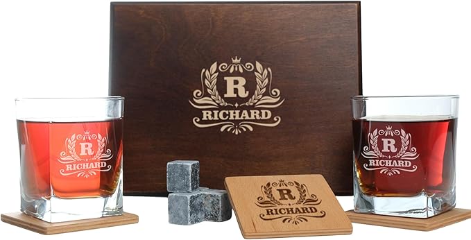 Personalized Whiskey Glasses Gift Set with Engraved Wooden Box and Whiskey Stones – Custom Whiskey Glassware for Men & Whiskey Lovers