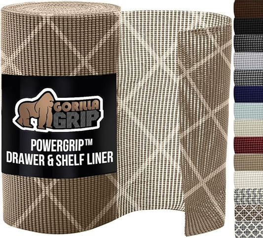 GORILLA GRIP powerGRIP Drawer Shelf and Cabinet Liner, Thick Strong Hold, Non-Adhesive Liners Protect Kitchen Cabinets and Cupboard, Bathroom Drawers, Easy Install, Breathable Mat, 12" x10', Beige