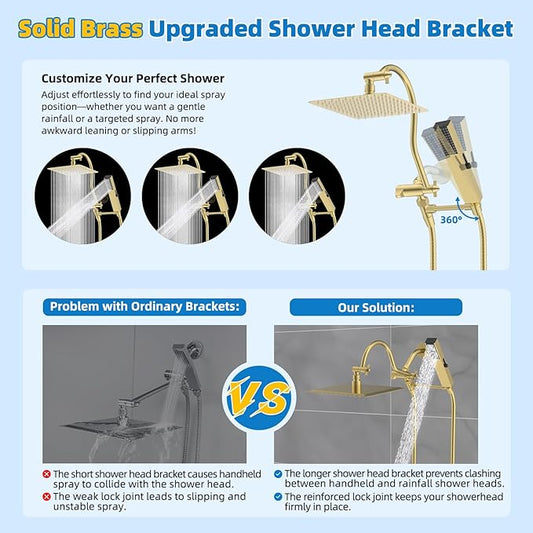 Hibbent All Metal Shower Head, 10'' High Pressure Rainfall Shower Head, Showerhead Combo, Handheld Shower Wand, 12'' Adjustable Curved Shower Extension Arm, 71'' Hose, Shower Holder, Brushed Gold