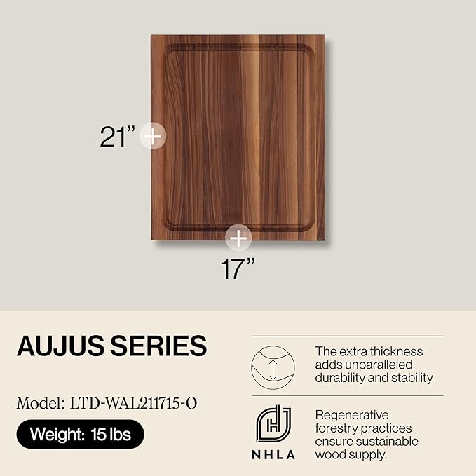 John Boos BBQ Series Rectangular Wooden Walnut Cutting Board 17”x21” – 1.5” Thick, 15-lb Reversible Butcher Block with Juice Groove, Edge-Grain & Finger Grips – Made in the USA