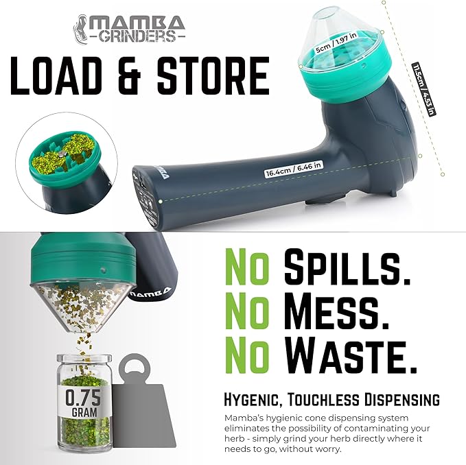 Mamba Lite 0.75g Green All-Plastic Head USB Electric Herb Grinder. Small Portable Herbal Machine & Spice Mill for the Kitchen