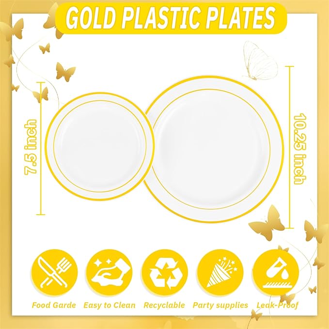 WDF 120 pieces Gold Disposable Plastic Plates - White and Gold Plates Include 10.25" Dinner Plate & 7.5" Salad Plate for Christmas/Weddings/Party