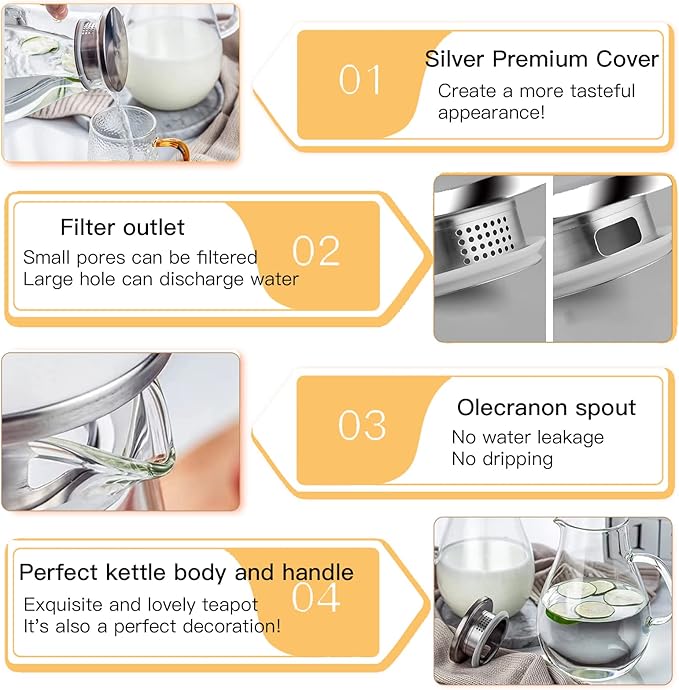 84.5oz Borosilicate Glass Teapot with 304 Stainless Steel Lid & Built-in Strainer, Stovetop & Microwave Safe Tea Kettle for Loose Leaf/Iced/Fruit/Herbal Tea, 2500ml Clear Pot