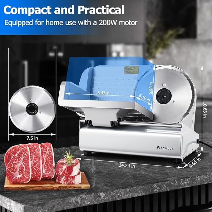Meat Slicer - Electric Deli Slicer, 200W, Dual 7.5" Blades, Adjustable Thickness 0-15mm, Safe Home Meat Slicer Machine with Stainless Steel and Aluminum Housing