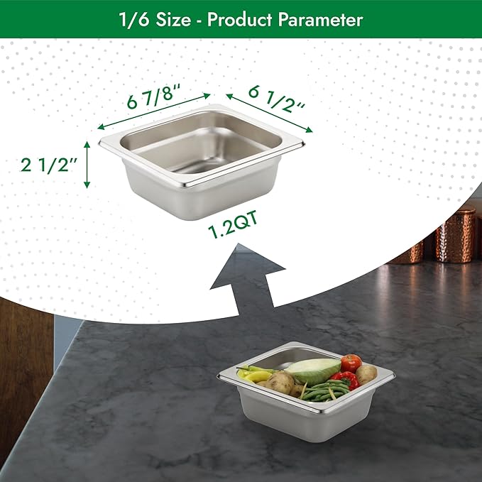 HECMAC 6 Pack Anti-Jam Hotel Pans, 1/6 Size 2 1/2 Inch Deep, Commercial Stainless Steel Chafing Steam Table Pan, Catering Storage Metal Food Pan, 23 Gauge