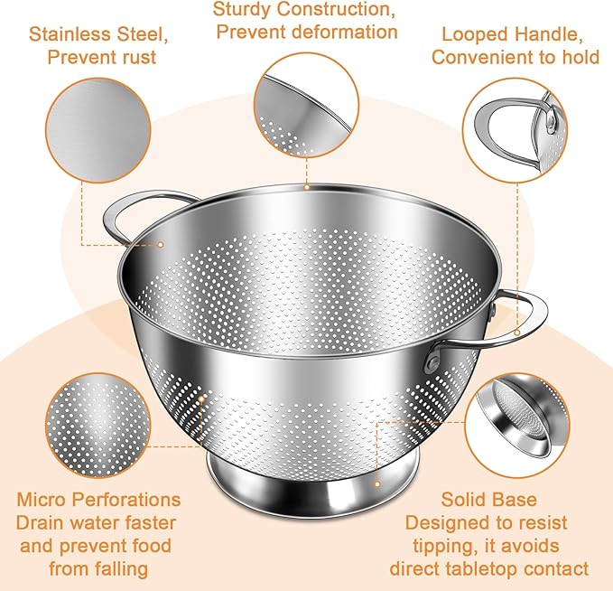 Stainless Steel Colander Set of 3 (1-3.5-5Quart) | Durable Rice and Pasta Strainer with Handle | Oversized Handles | Nesting Design | Rust-Resistant & Dishwasher Safe