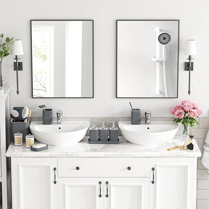 Bathroom Accessory Set - Bathroom Set, 12PC Bathroom Accessories Set, Grey Bathroom Accessories Set, Mini Trash Can, Toilet Brush, Trash Can & Soap Dispenser