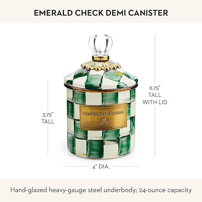 MACKENZIE-CHILDS Demi Enamel Canister, Kitchen Storage Container with Lid, Green-and-White Emerald Check