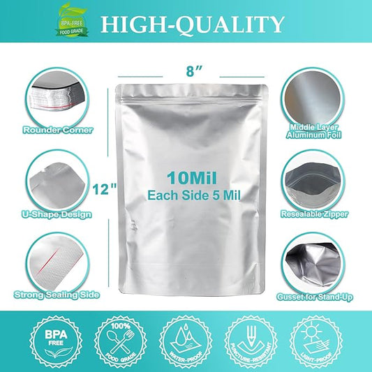 SHXWELL 50pcs 2 Quart Mylar Bags for Food Storage, 8"x12" 10 Mil Stand-Up Zipper Pouches Resealable and Heat Sealable for Long Term Food Storage(8"x12", Extra Thick)
