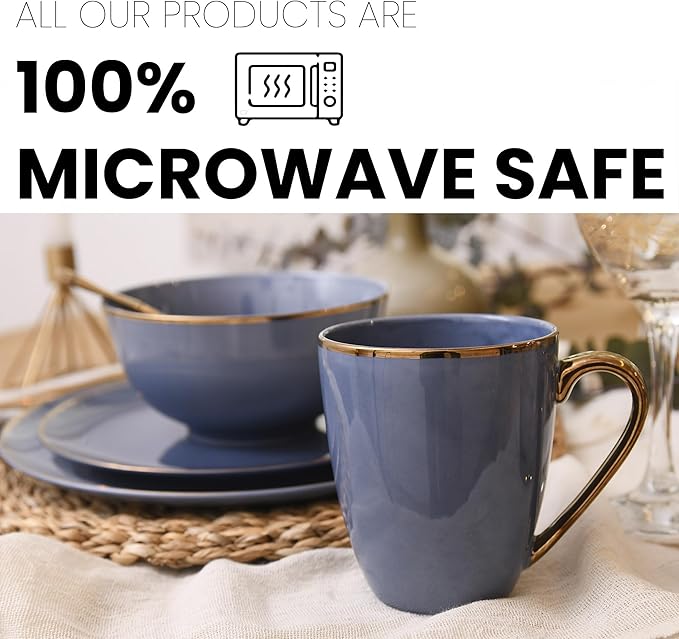 KOKEN - 16 Pc Bone China Dinnerware Sets – Grey china dinnerware set - Plates and Bowls Sets Dishes Set for 4 – Kitchen Plates, mugs, Bowls - Microwave safe china sets for home - Dining set, Blue