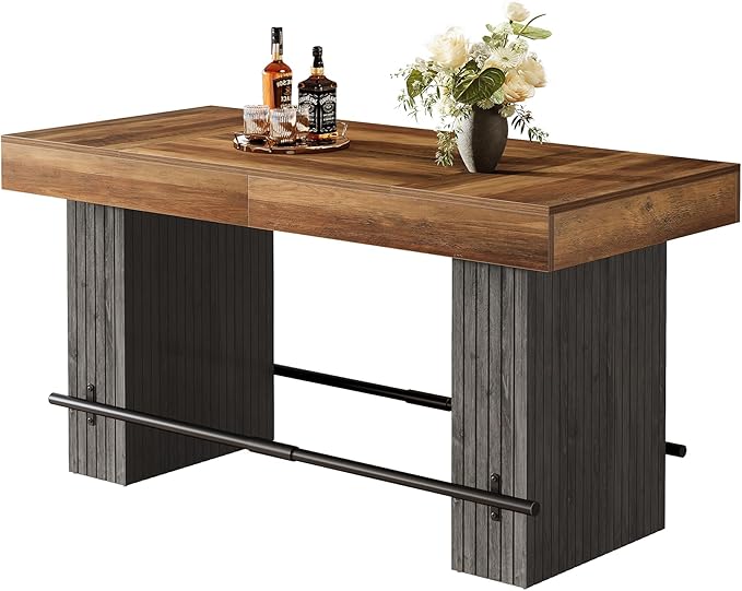 Tribesigns 62.2 Inch Bar Table, Industrial Counter Height Pub Dining Table, Rectangular Home Bar Units with Metal Footrest for Home Kitchen, Dining Room, Bistro