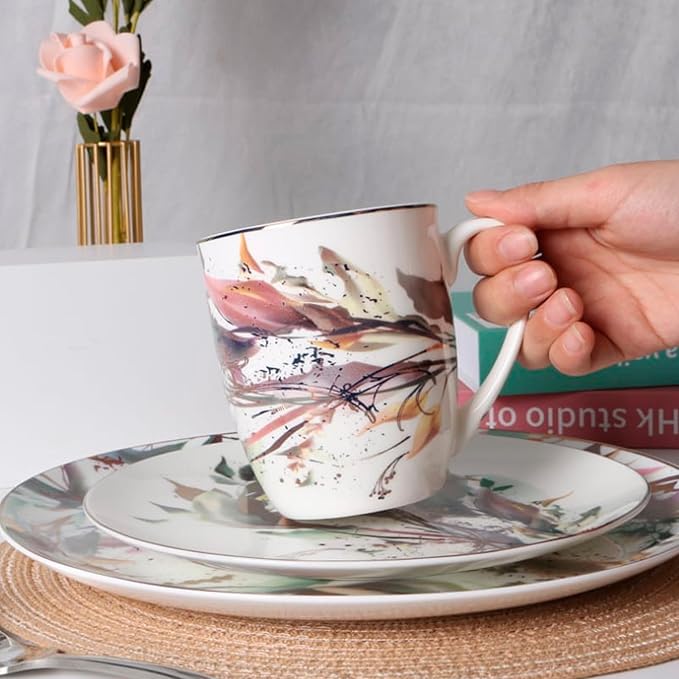 Pink & Gold Plates and Bowls Sets Dishes Set for 4, Ceramic Plates and Bowls Set, Service for 4, Bone China Dinnerware Set Salad Dessert Plates, and Cereal Bowls Set, Microwave safe by KOKEN