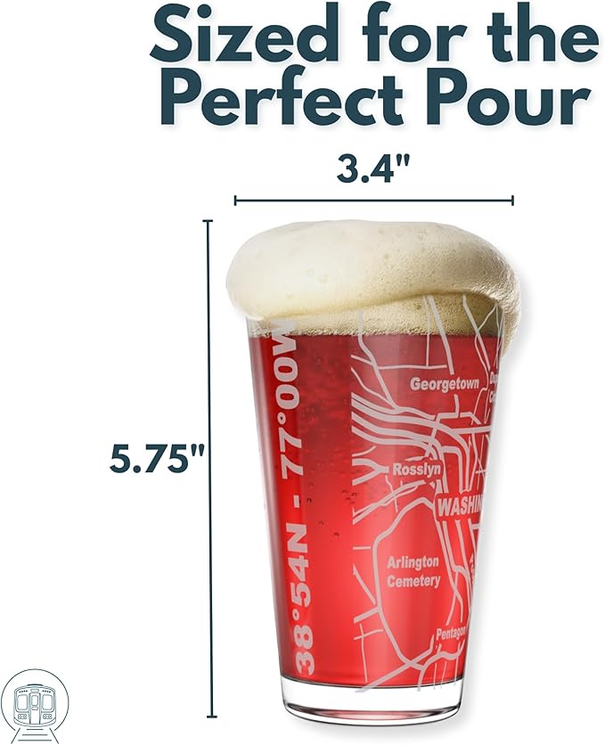 Greenline Goods – Washington, DC Map Pint Beer Glasses (Set of 2), 16 oz – Etched Wrap Design