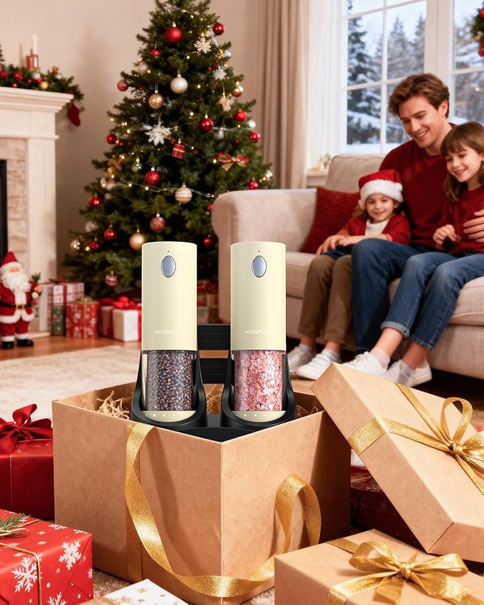Electric Salt and Pepper Grinder Set - Automatic Refillable Salt and Pepper Grinders with Charging Base & LED Light, 6-Level Adjustable Coarseness with External Dial, Ideal Kitchen Gadget，Beige
