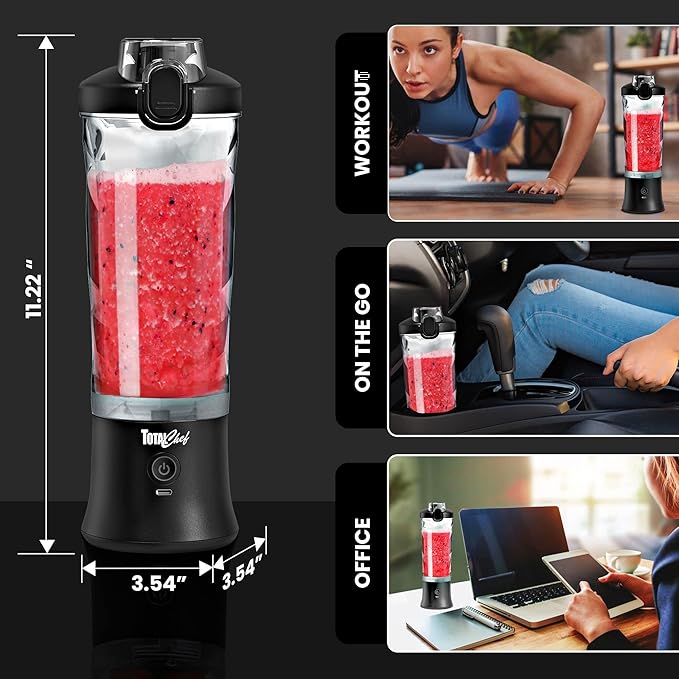 Total Chef Portable Blender - For Smoothies & Protein Shakes, USB Rechargeable Cordless Mini Travel Mixer, Personal Juicer, Ice Crusher, Blender Bottle for Home & Kitchen, 20oz, Black