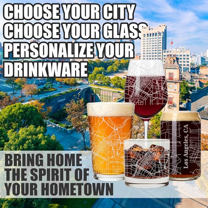 Blue Ridge Mountain Gifts - Los Angeles Souvenir - California Glassware Gift, Etched City Map, Laser Engraved and Dishwasher Safe
