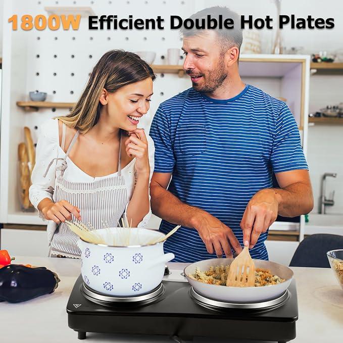 Hot Plate, CUSIMAX Electric Burners for Cooking, 1800W Double Burner, Hot Plates for Countertop Burner, Portable Cast Iron Hot Plates with Dual Adjustable Temperature, Easy to Clean