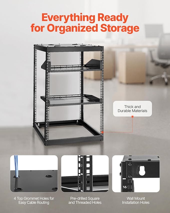 VEVOR 16U Open Frame Server Rack & Network Rack, Wall Mounted or Floor Standing, Heavy Duty 4 Post, with 2PCS Vented 1U Shelves & Mounting Hardware, Holds All 19'' Networking IT Equipment AV Gear
