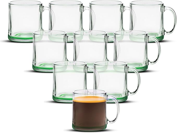 Libbey Clear Glass Coffee Mugs 13 oz. Set of 10, Bulk Pack - Perfect for Coffee, Tea, Espresso, Hot Cocoa, Other Beverages - Green Bottom