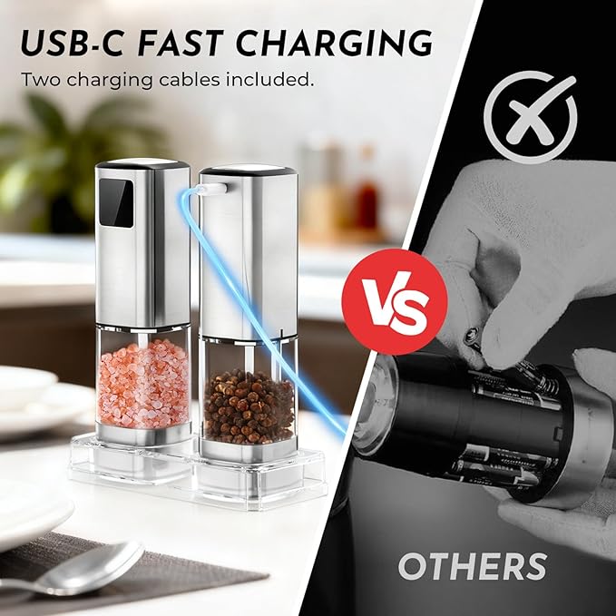 Upgraded Larger Capacity Electric Salt and Pepper Grinder Set Rechargeable with Digital Display, Light & Ceramic Core, Adjustable Coarseness, Stainless Steel Material 2 PACK