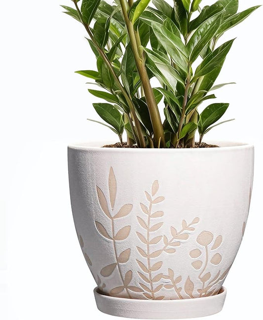 8 Inch Plant Pot with Saucer - Ceramic Planter with Drainage for Indoor Plants, Boho Round Flower Pot, Desk Room Home Office Decor, Housewarming Gift, White