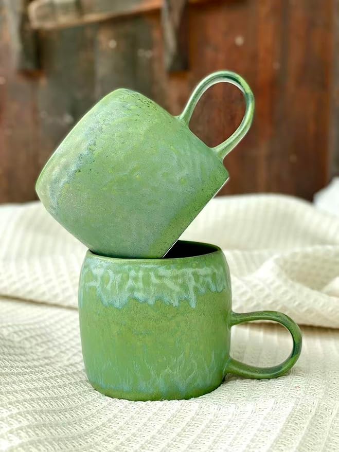 Medium Ceramic Coffee Mug Set of 2, 12 Oz, Stoneware Tea Cup for Office and Home, Dishwasher and Microwave Safe (Green, 2) (Classic)