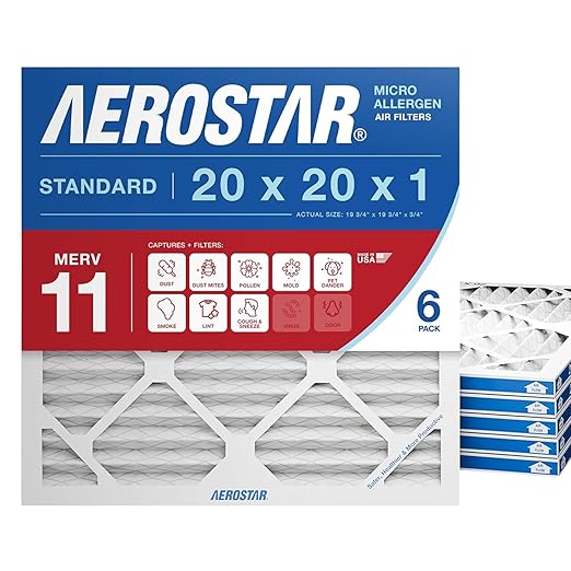 Aerostar 20x20x1 MERV 11 Air Filter, 6 Count, ACTUAL SIZE (19.75 x 19.75 x 0.75), HVAC, Air Conditioning & Furnace Filter for Dust, Pet Dander, Smoke & Allergies (MPR 1200 / FPR 7), Made in USA