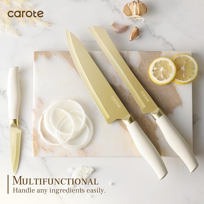 CAROTE 12PCS Kitchen Knife Set, Healthy Gold Titanium Coating Knife Set, Dishwasher Safe with 6 Blade Guards, Rustproof Stainless Steel Cutlery Set, White and Gold