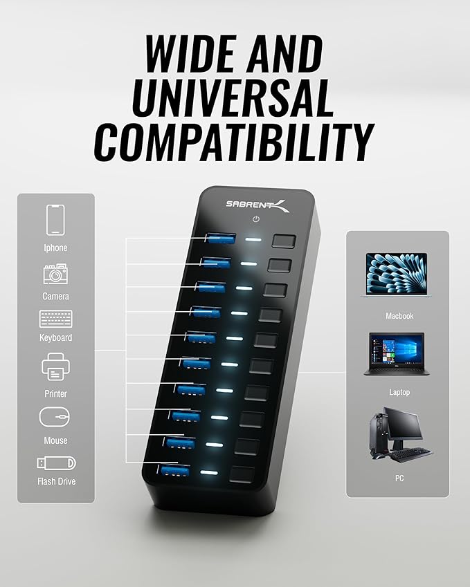 SABRENT 10-Port 60W USB 3.0 Hub with Individual Power Switches and LEDs, Includes 60W 12V/5A Power Adapter (HB-BU10)