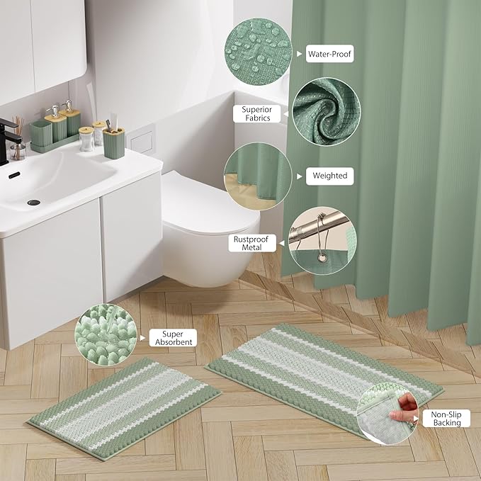 Bathroom Accessory Set - 25PC Bathroom Sets with Shower Curtain and Rugs, Sage Green Bathroom Set, Bathroom Accessories Set, Shower Curtain Sets with Rugs, Bathroom Trash Can & Soap Dispenser
