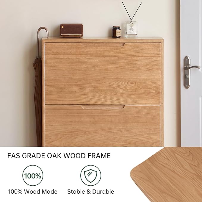 Oak Shoe Cabinet with 3 Flip Drawers, Solid Wood Shoe Storage Cabinet, Narrow Shoe Organizer for Entryway, 7.9" x 33.5" x 45.7", Oak Wood, Natural