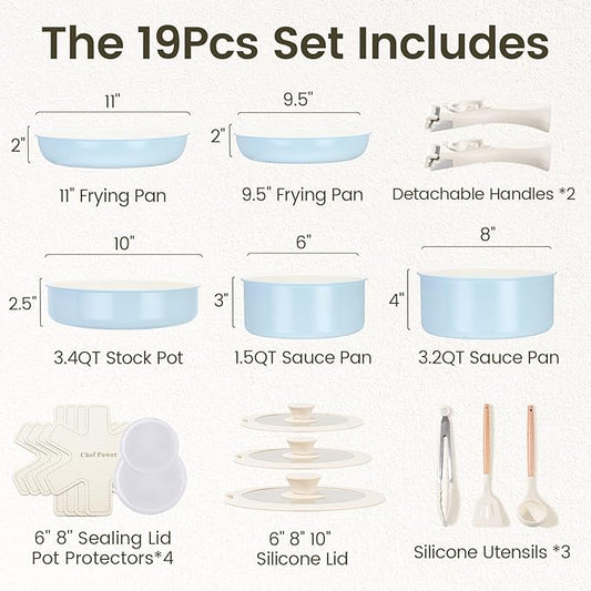Chef Power Ceramic Nonstick Pots and Pans Set 19 Piece with Detachable Handle, Induction Dishwasher Oven Safe Cookware Set, RV Kitchen Set Removable Handle (Light Blue)