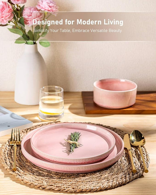 GBHOME Stoneware Dinnerware Sets for 4,Round Reactive Glaze Ceramic Plates and Bowls Set,Highly Scratch Resistant | Dishwasher & Microwave Safe Dishes Set,Service for 4(12Pcs),Pink
