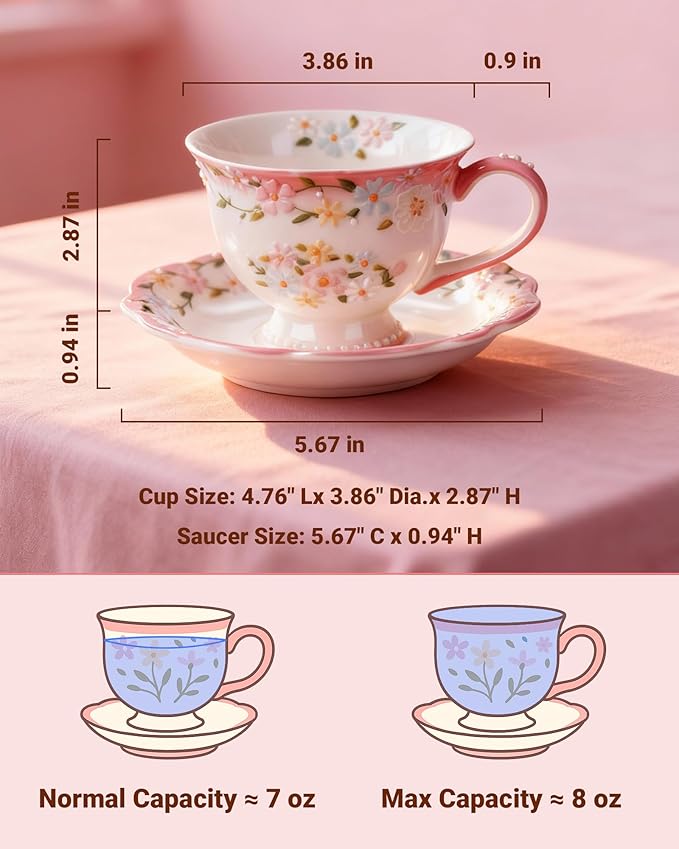 Exquisite Bone China Tea Cups and Saucer Set – Elegant Porcelain Tea Cups, Beautifully Detailed for Tea Lovers, Gift-Ready for Christmas, Hostess, Holiday Gift & Fall Decor