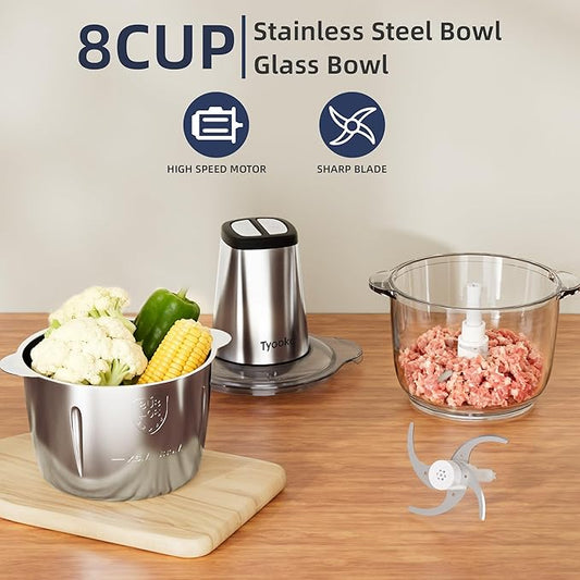 Electric Food Processor Vegetable Chopper, Kitchen Aid Easy Clean Meat Grinder with 2 Bowls (8 Cup Stainless Steel+8 Cup Glass), Small Food Mixer for Fruits/Meat/Nuts/Fish/Vegetable/Pet Food/Baby Food