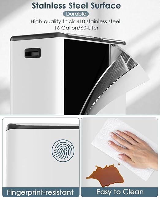 Arlopu 16Gal Dual Trash Can w/2 Built-in Box for Odor Control, Hands-Free Kitchen Garbage Bin, Recycle Waste Dustbin, Soft-Close Lid, 2 Buckets,Foot Pedal, Side Handle, Airtight,for Home (White)