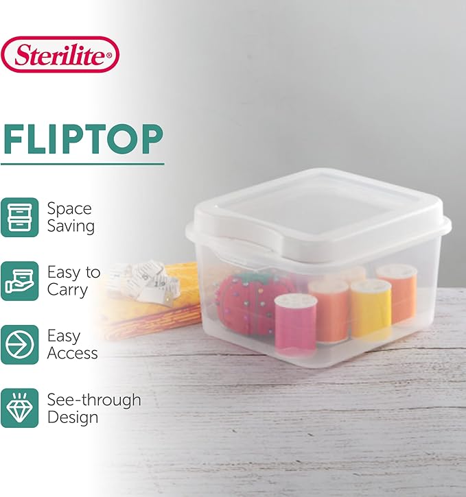 Sterilite FlipTop, Stackable Small Storage Bin with Hinging Lid, Plastic Container to Organize Desk at Home, Office, Clear, 24-Pack