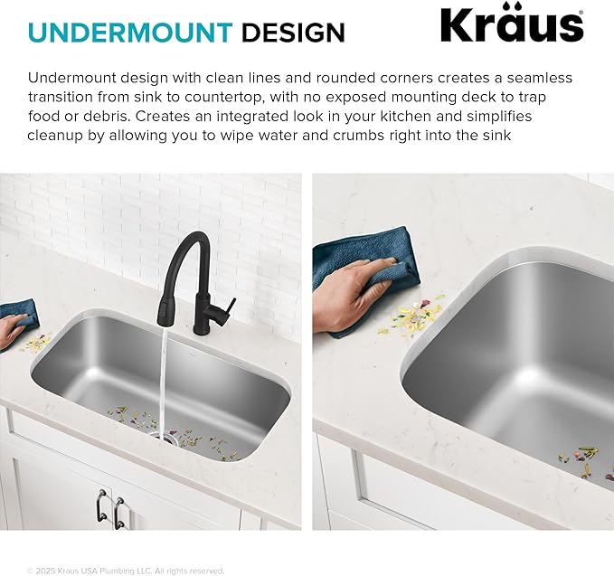 Kraus 31 1/2 Inch Stainless Steel Kitchen Sink, Durable 18 Gauge Single Bowl Kitchen Sinks Undermount, KBU14