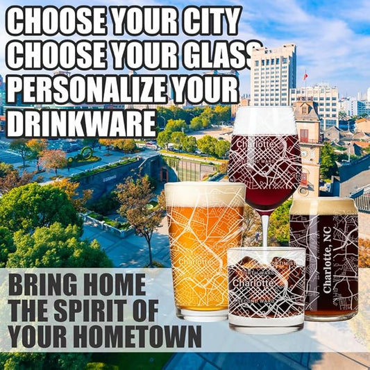 Blue Ridge Mountain Gifts - Charlotte Souvenir - North Carolina Glassware Gift, Etched City Map, Laser Engraved and Dishwasher Safe