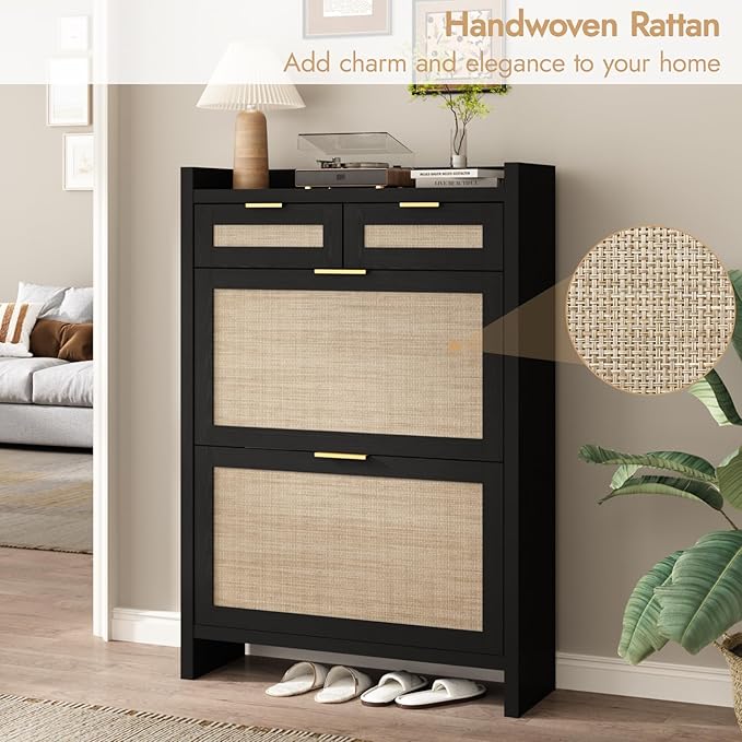 Rattan Shoe Storage Cabinet with 2 Drawers & 2 Flip Drawers – Hidden Slim Shoe Organizer for Entryway, Large Tabletop Space, Farmhouse Boho Narrow Shoe Rack, Rustic Black