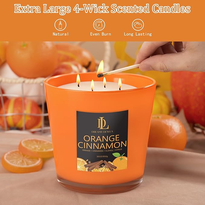 Large Fall Candle Orange Cinnamon Scented, 4 Wick Natural Soy Candles for Home Scented, 30oz Big Autumn Candle Long Lasting, Home Aromatherapy Candles Housewarming Gift for Women Men