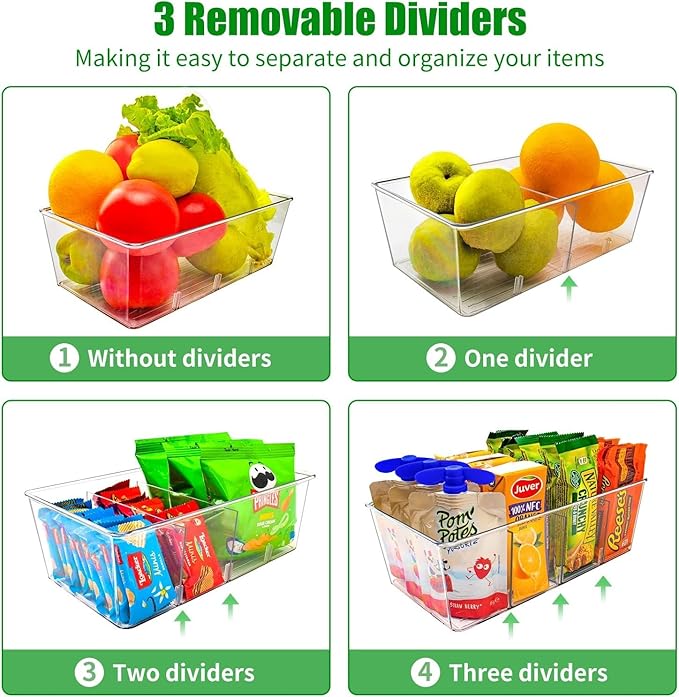 4 Pack Pantry Organizers and Storage,Snack Containers with 3 Dividers for Kitchen,Fridge,Refrigerator Organization and Storage,Clear Plastic Organizer Bins for Spice,Tea bag,Seasoning